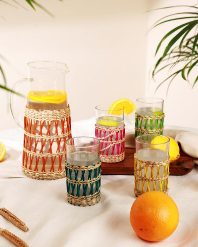 Handmade Glass Lemonade Set with Rattan Wrap | Set of 5