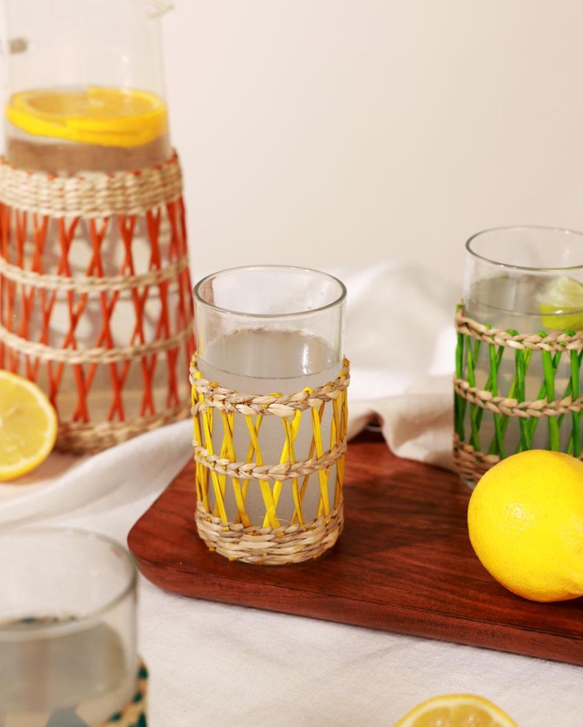 Handmade Glass Lemonade Set with Rattan Wrap | Set of 5