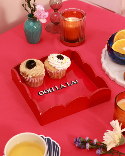 Ooh La La Square Wooden Pink Serving Tray | 8 x 8 x 2 inches