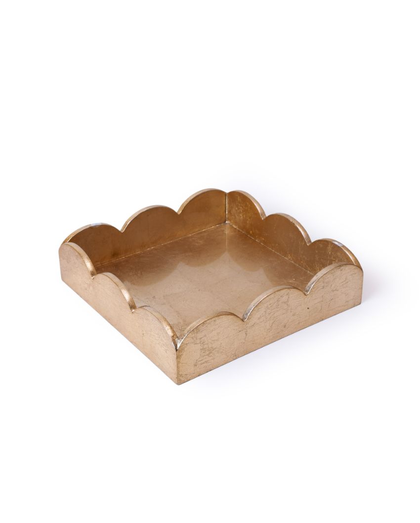 Square Shape Wood Golden Serving Tray | 8 x 8 x 2 inches