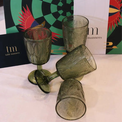 Green Embossed Wine & Champagne Glasses Set