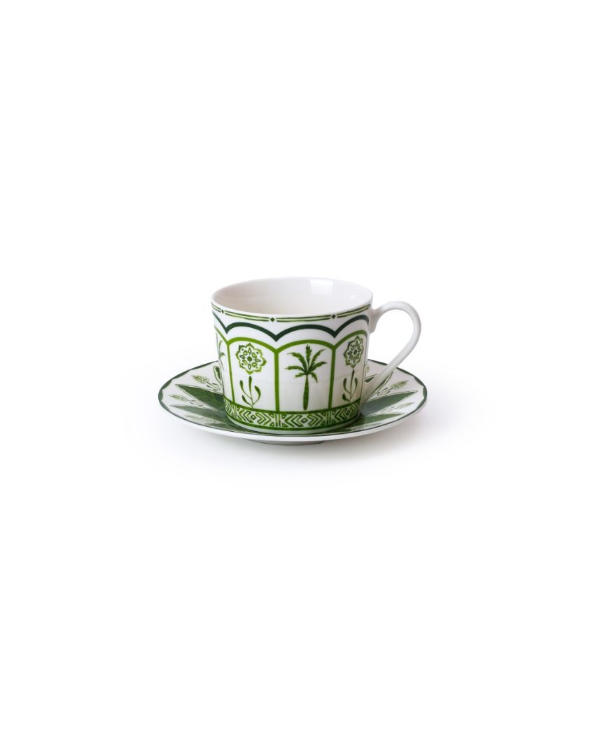 Green Lush Palm Motifs Design Porcelain Cup With Saucer | Pack of 2 | 220ml