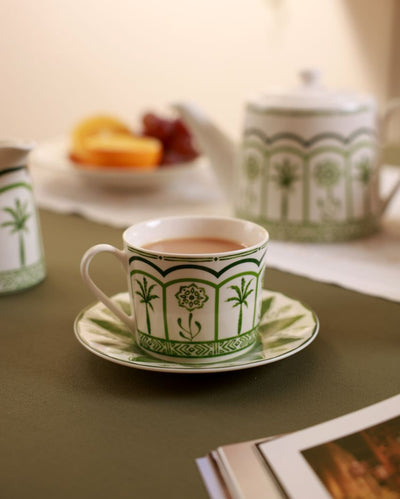 Green Lush Palm Motifs Design Porcelain Cup With Saucer | Pack of 2 | 220ml