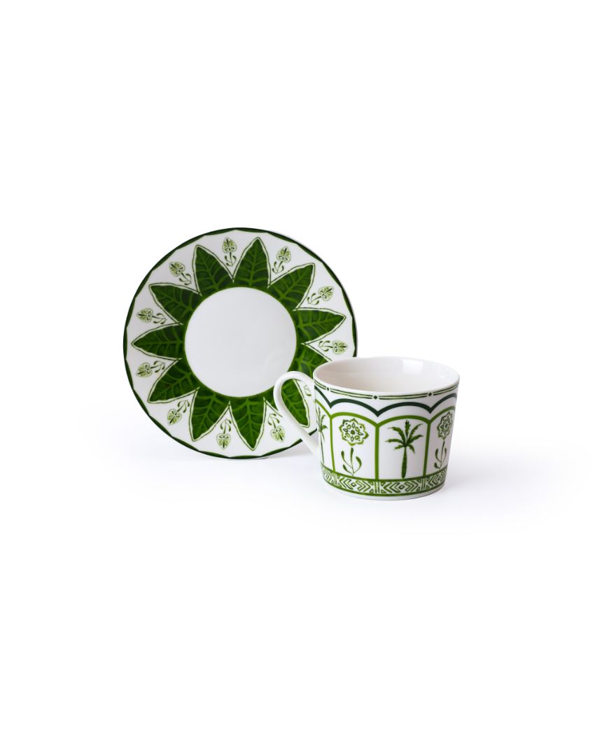 Green Lush Palm Motifs Design Porcelain Cup With Saucer | Pack of 2 | 220ml