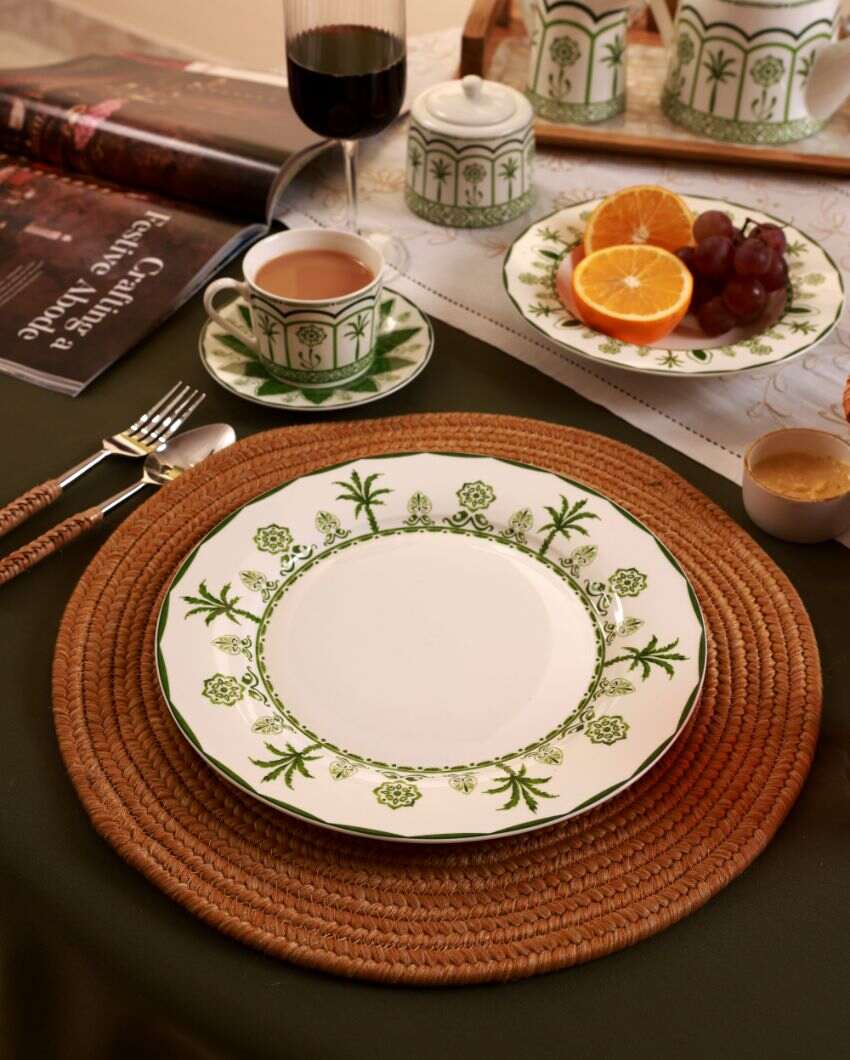 Stylish Green Lush Palm Motifs Design Porcelain Dinner Plates | Set of 4 | 11 inches