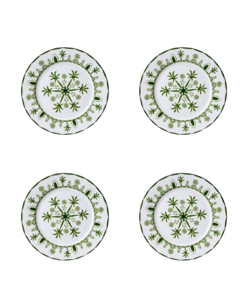 Elegant Green Lush Palm Motifs Design Porcelain Side Plates | Set of 4 | 7 inches