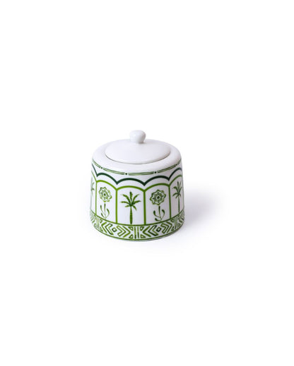 Green Lush Palm Motifs Design Porcelain Sugar Pot | 3 x 3 inches | 330ml