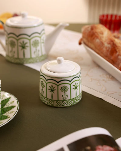 Green Lush Palm Motifs Design Porcelain Sugar Pot | 3 x 3 inches | 330ml