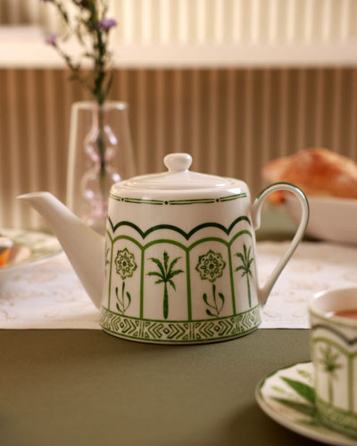 Green Lush Palm Motifs Design Porcelain Tea Pot | 9 x 4 x 6 inches | 900ml