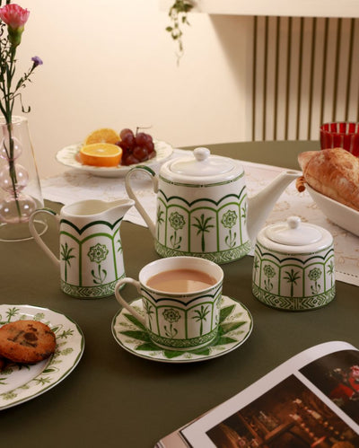 Green Lush Palm Motifs Design Porcelain Tea Set | Pack Of 5