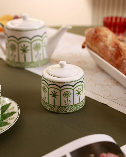 Green Lush Palm Motifs Design Porcelain Tea Set | Pack Of 5