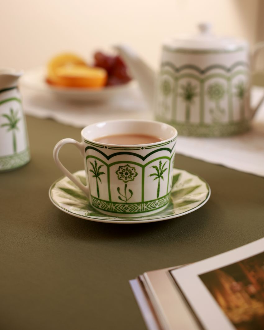 Green Lush Palm Motifs Design Porcelain Tea Set | Pack Of 5