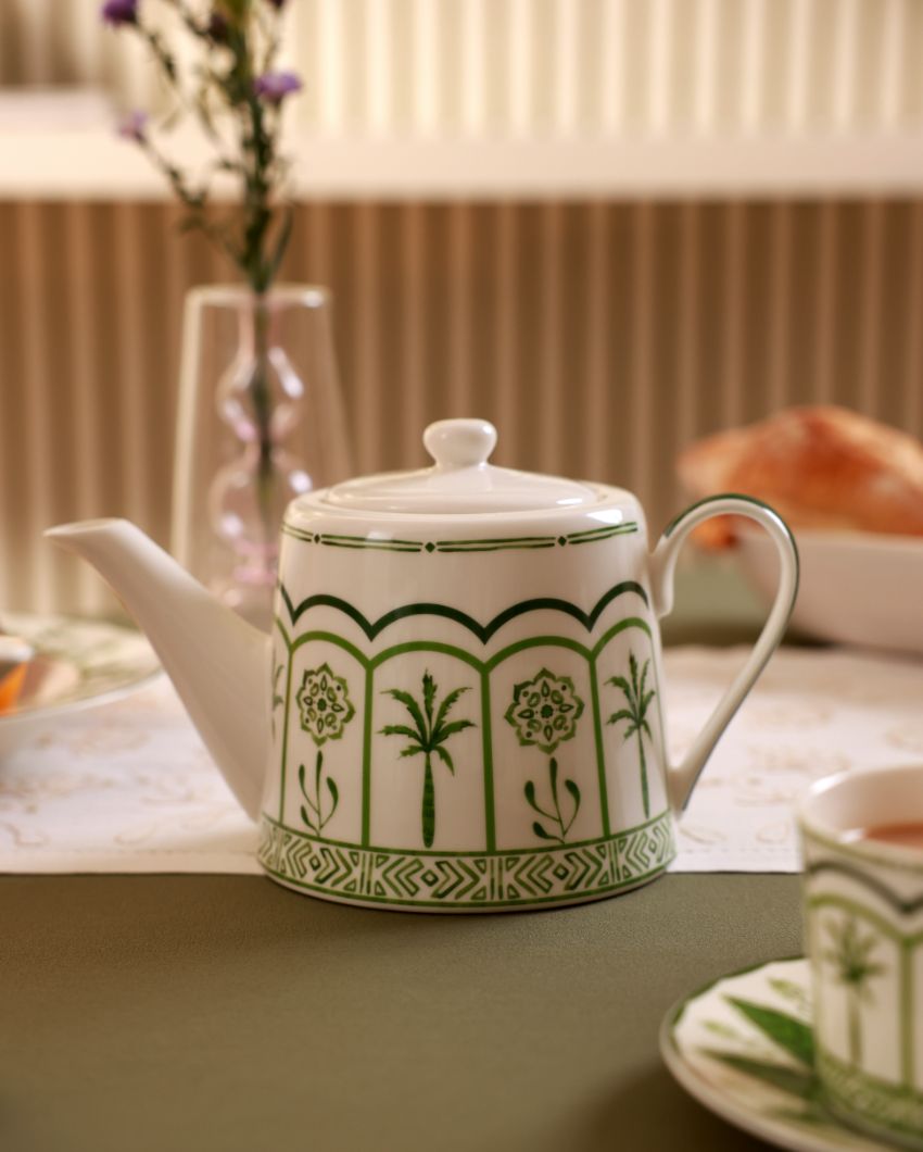 Green Lush Palm Motifs Design Porcelain Tea Set | Pack Of 5