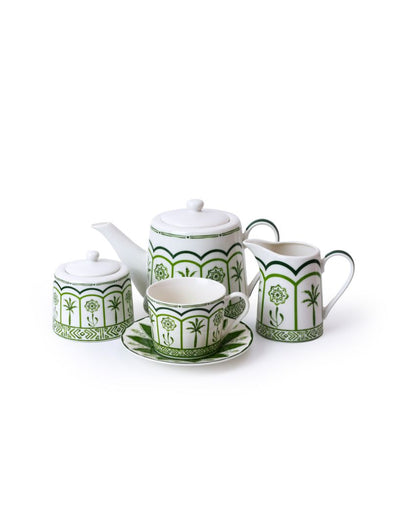 Green Lush Palm Motifs Design Porcelain Tea Set | Pack Of 5