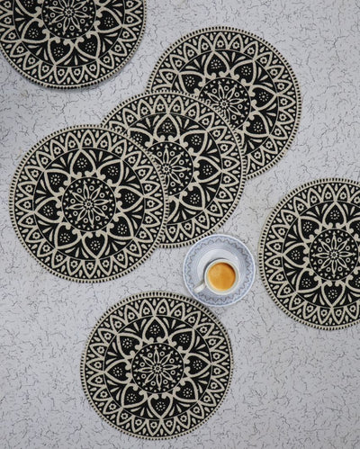 Elegant Black Rangoli Table Mats | 15 x 15 inches | Set of 6