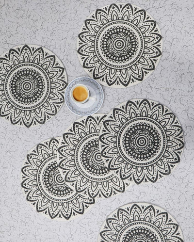 Stylish Black and White Rangoli Table Mats | 15 x 15 inches | Set of 6