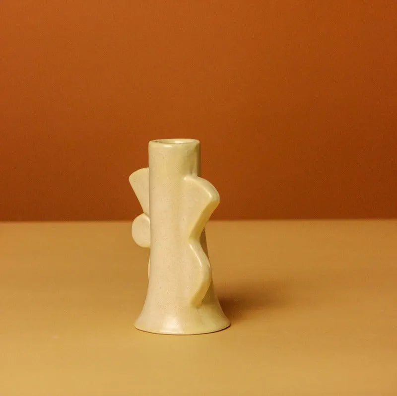 Abstract Design Ceramic Candle Holder Beige