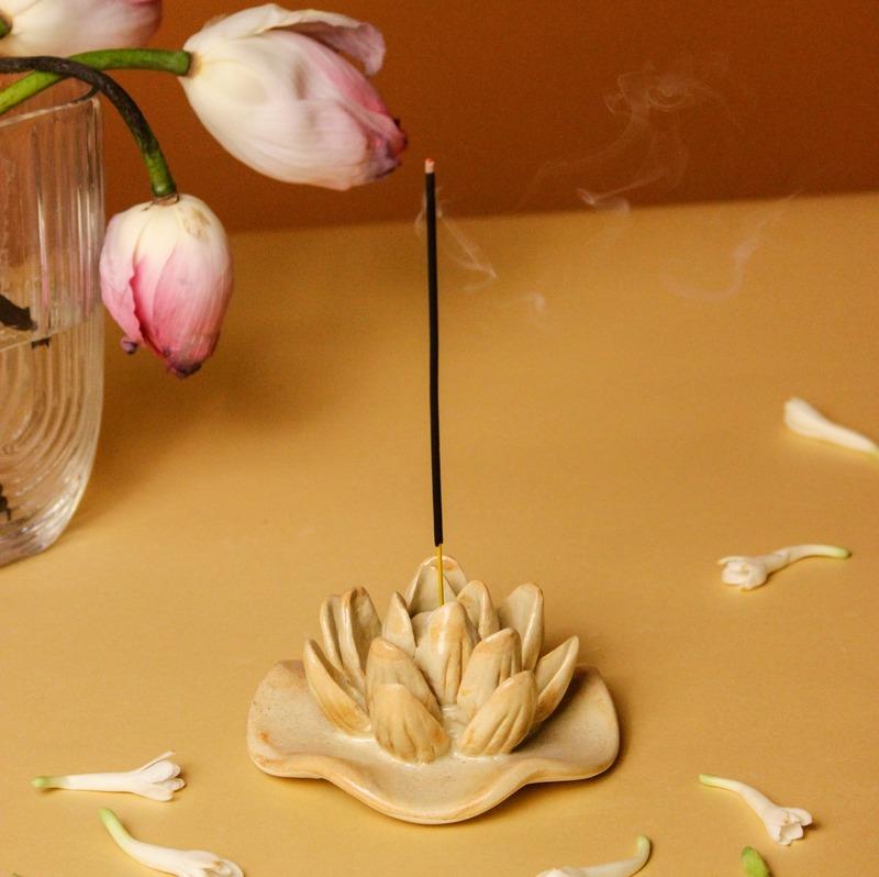 Lotus Love Ceramic Incense Holder Beige