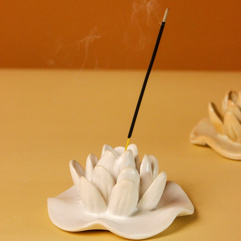Lotus Love Ceramic Incense Holder White