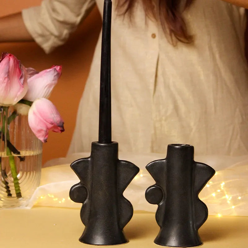 Black Abstract Design Ceramic Candle Holders | Set of 2 Default Title