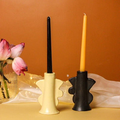 Beige & Black Abstract Design Ceramic Candle Holders | Set of 2 Default Title