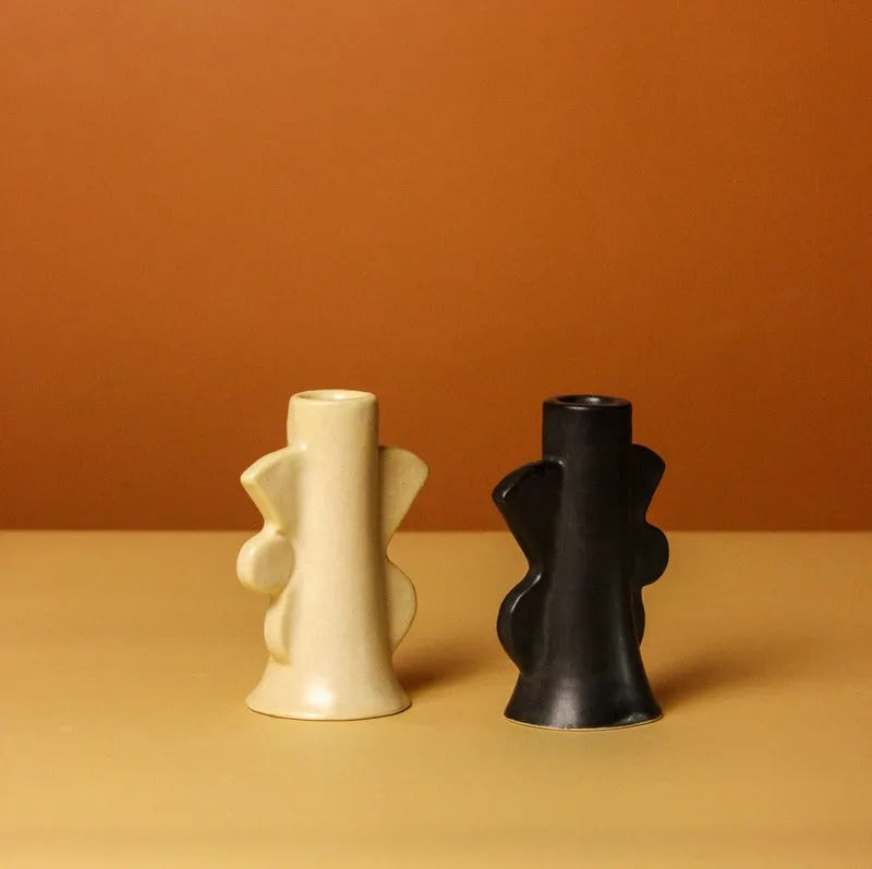 Beige & Black Abstract Design Ceramic Candle Holders | Set of 2 Default Title