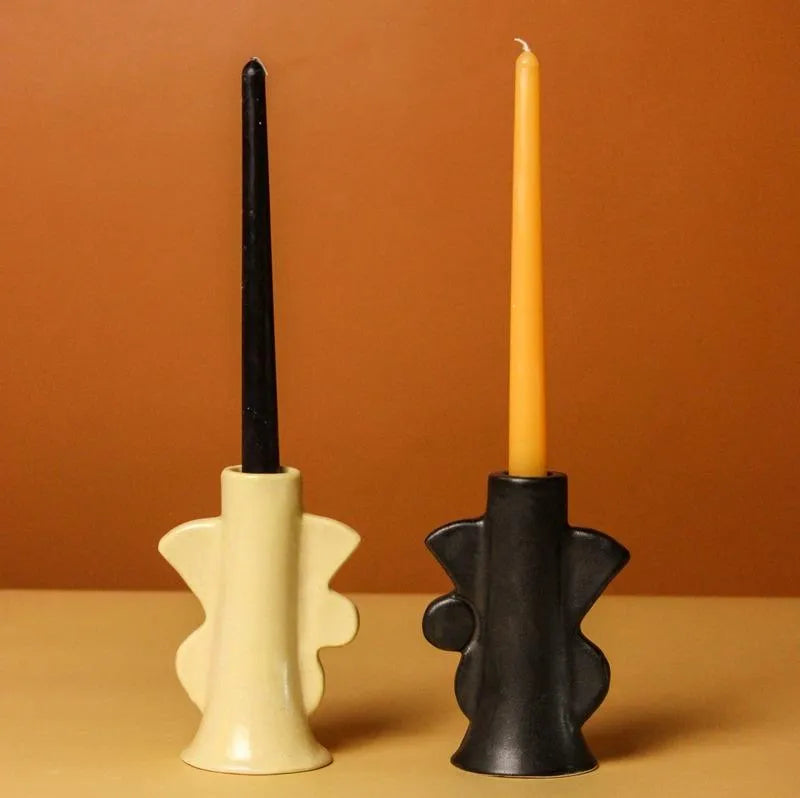 Beige & Black Abstract Design Ceramic Candle Holders | Set of 2 Default Title