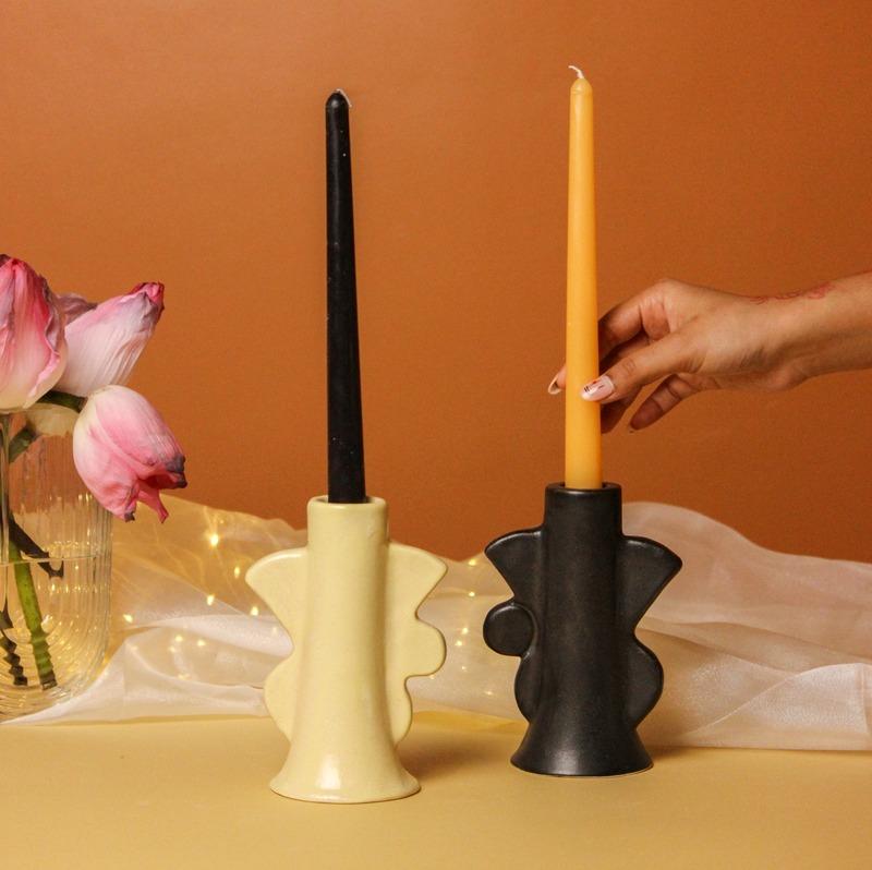 Beige & Black Abstract Design Ceramic Candle Holders | Set of 2 Default Title