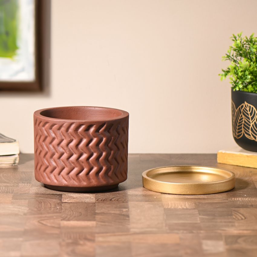 Brown Elegant Terracotta Planter With Gold Stand | 4 x 4 inches | Plant Not Included