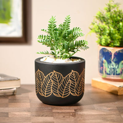 Black Golden Leaves Handcrafted Terracotta Planter | 4 x 4 inches | Plant Not Included