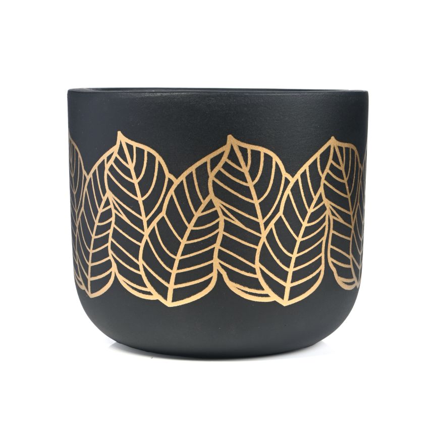 Black Golden Leaves Handcrafted Terracotta Planter | 4 x 4 inches | Plant Not Included