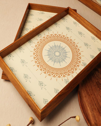 Brown Mandala Teak Rectangle Tray