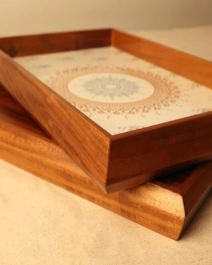 Brown Mandala Teak Rectangle Tray