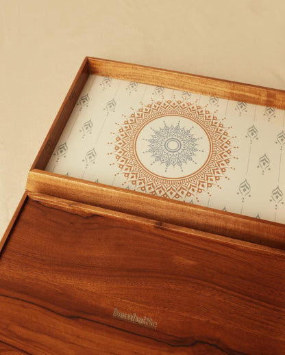 Brown Mandala Teak Rectangle Tray