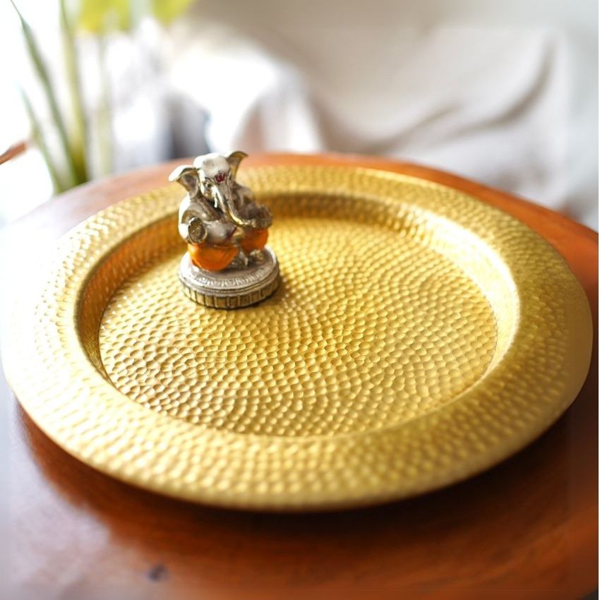 Elegant Design Hammered Gold Shade Puja Thali | 14 inches