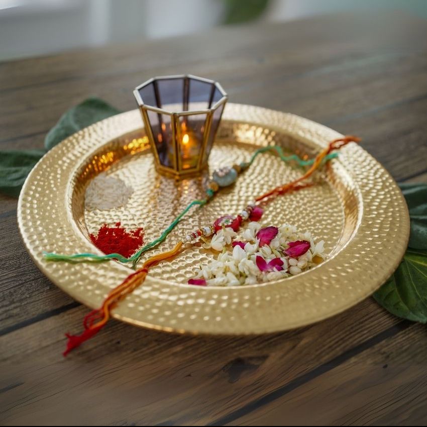 Elegant Design Hammered Gold Shade Puja Thali | 14 inches