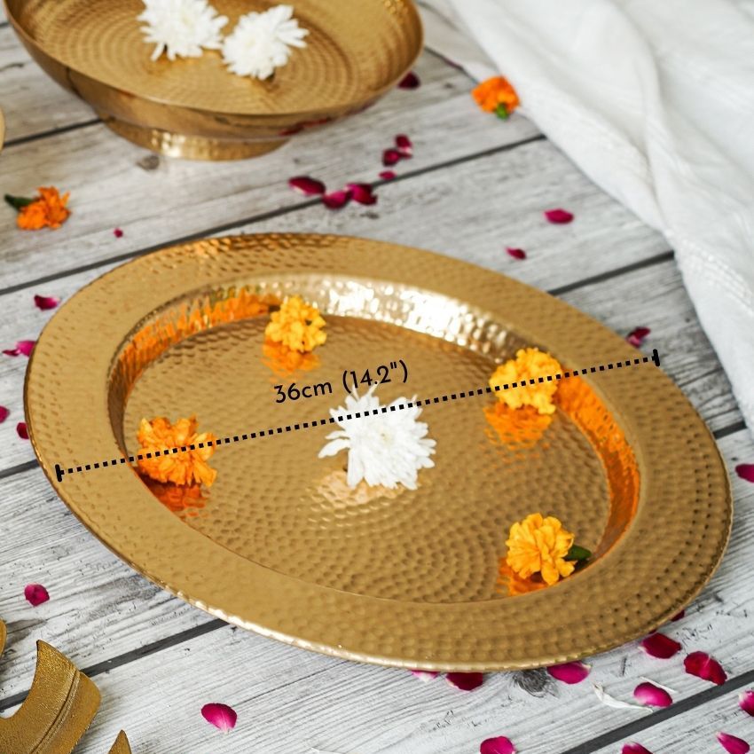 Elegant Design Hammered Gold Shade Puja Thali | 14 inches