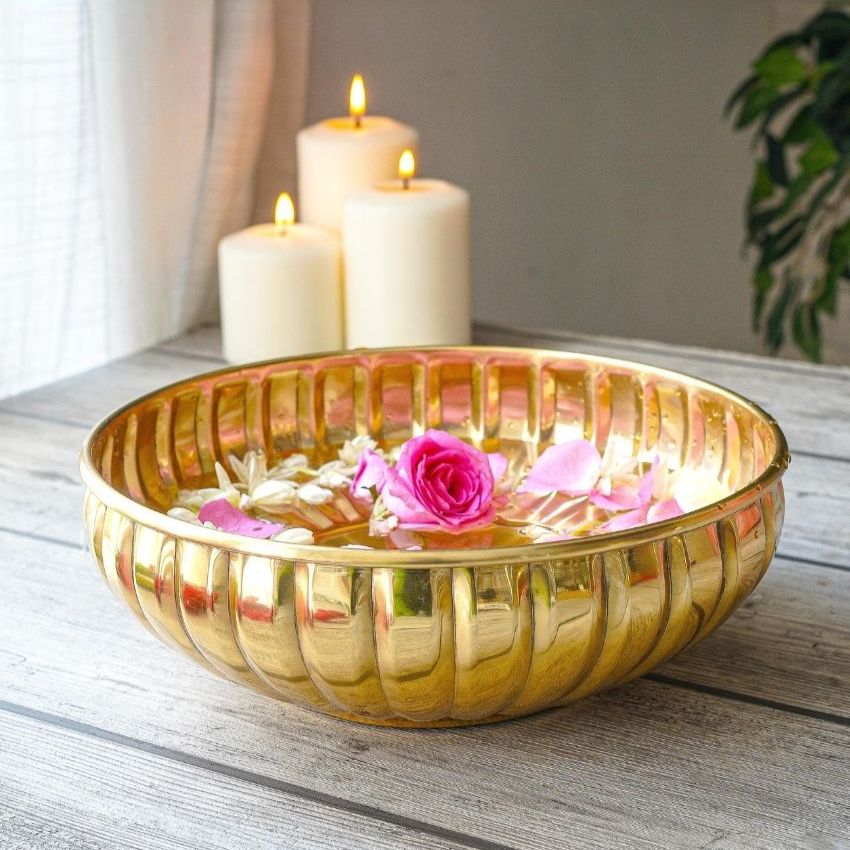 Beautiful Golden Design Jasmine Glow Urli Bowl | 10 x 3 inches