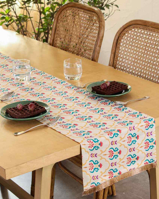 Pushp Design White Cotton Satin Table Runner | 60 X 13 Inches