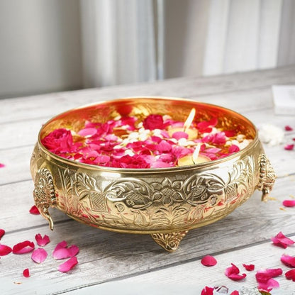 Elegant Gold Finish Elephant Brass Urli Bowl | 12 x 4 inches