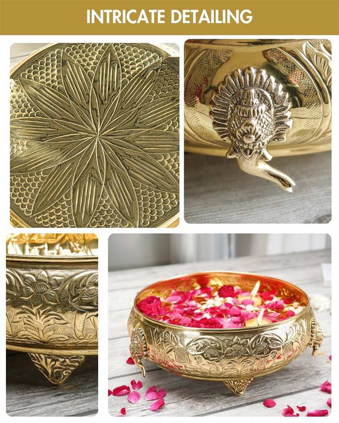 Elegant Gold Finish Elephant Brass Urli Bowl | 12 x 4 inches