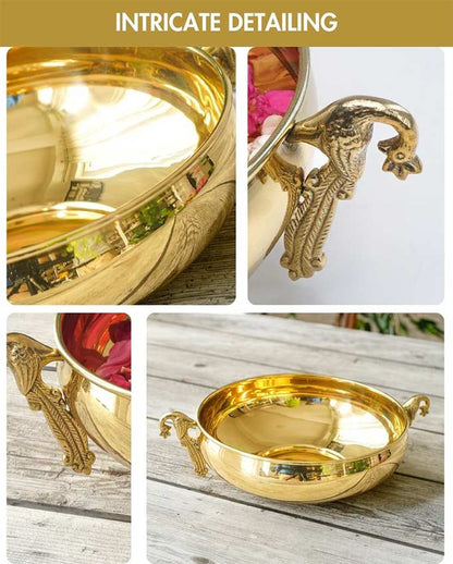 Beautiful Carved Peacock Design Brass Gold Finish Urli | 13 x 3 inches