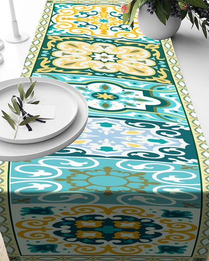 White & Teal Green Printed Table Runner