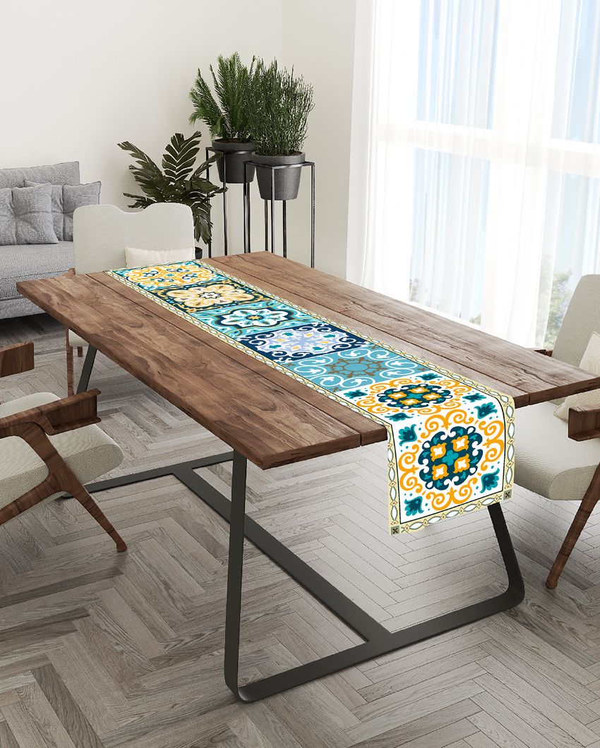 White & Teal Green Printed Table Runner