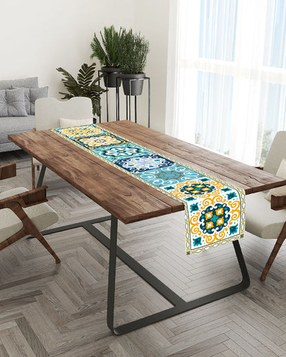 White & Teal Green Printed Table Runner