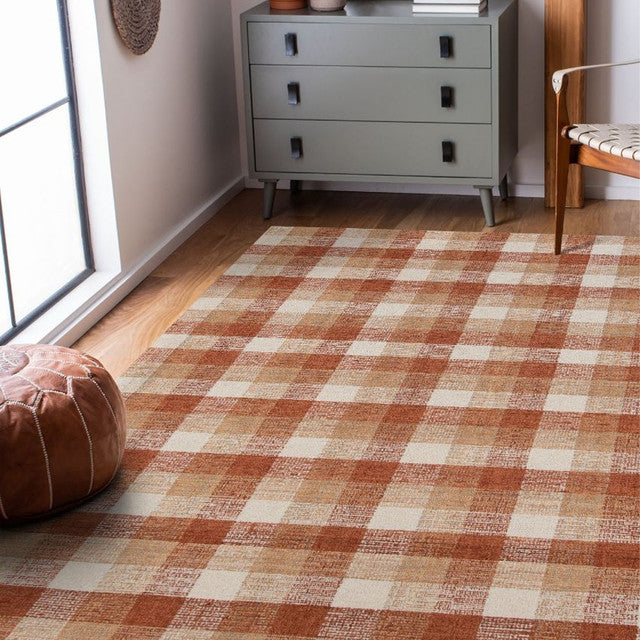 Orange Wool Plaid Pattern Hand-Tufted Rug Carpet