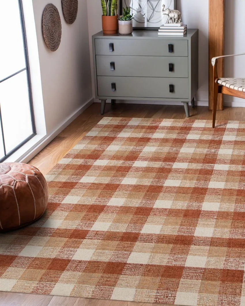 Orange Wool Plaid Pattern Hand-Tufted Rug Carpet