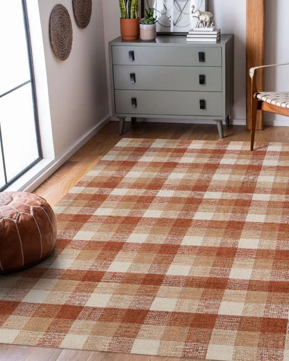 Orange Wool Plaid Pattern Hand-Tufted Rug Carpet