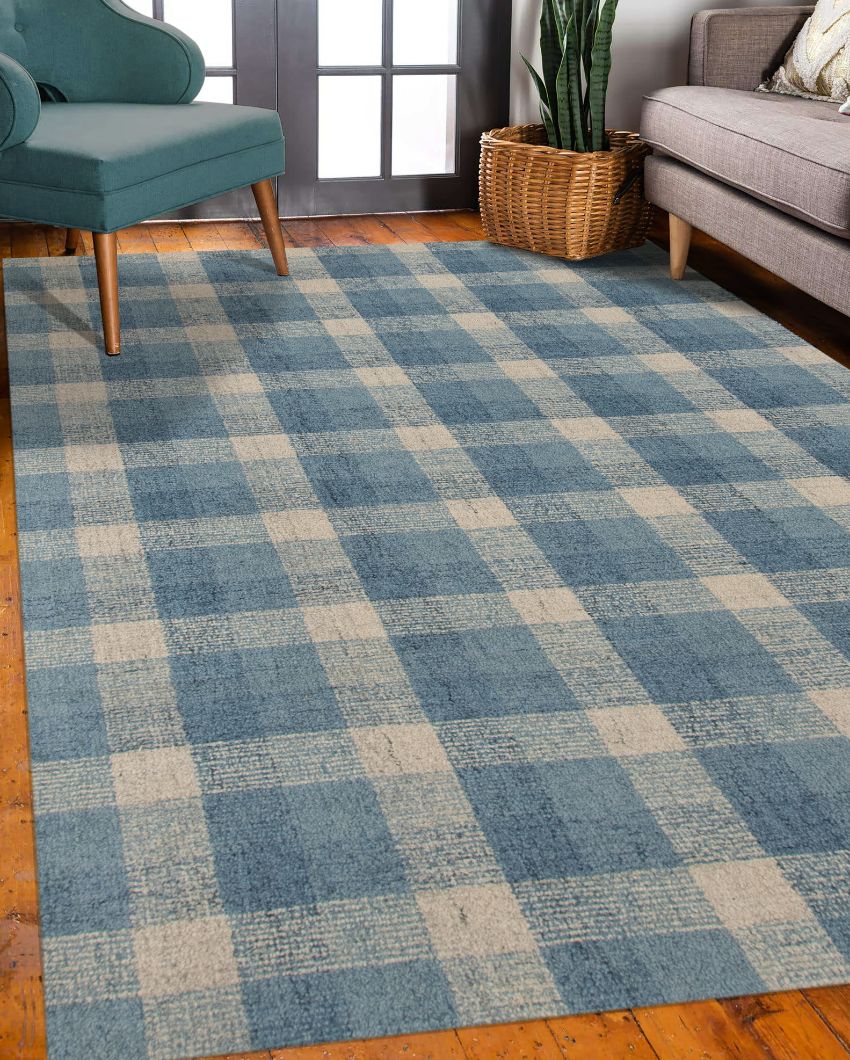 Blue Wool Plaid Pattern Hand-Tufted Rug Carpet