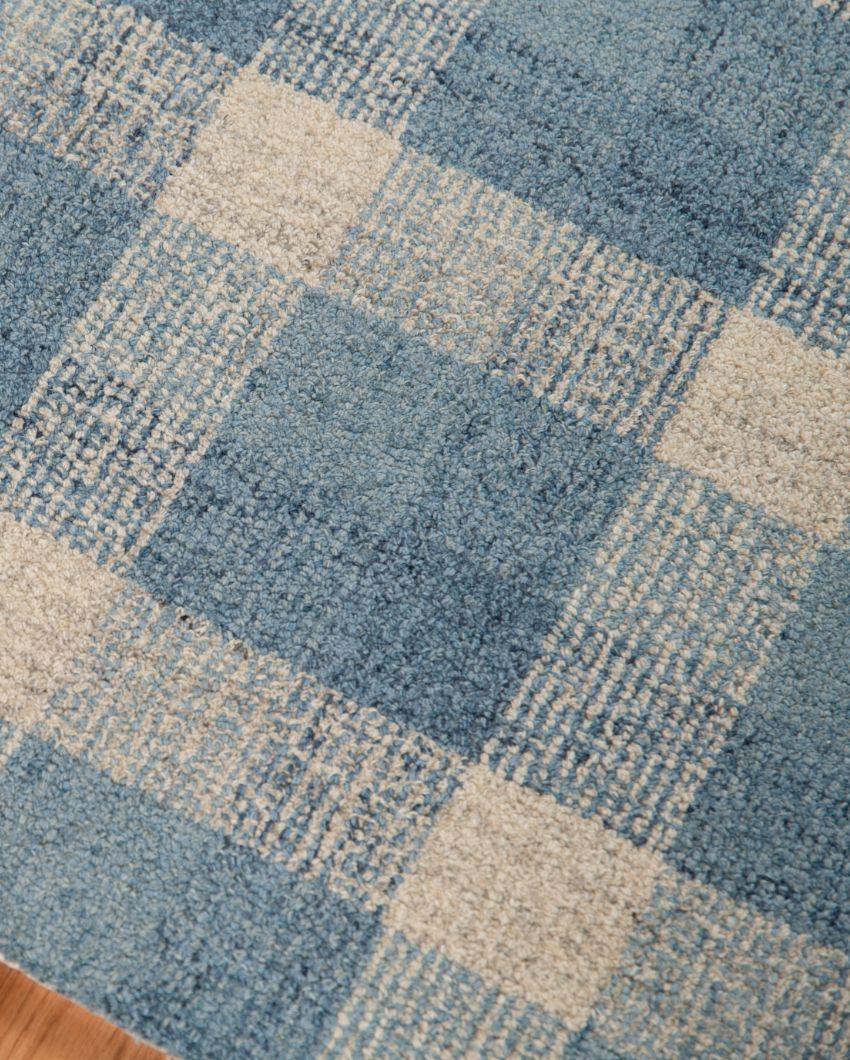 Blue Wool Plaid Pattern Hand-Tufted Rug Carpet